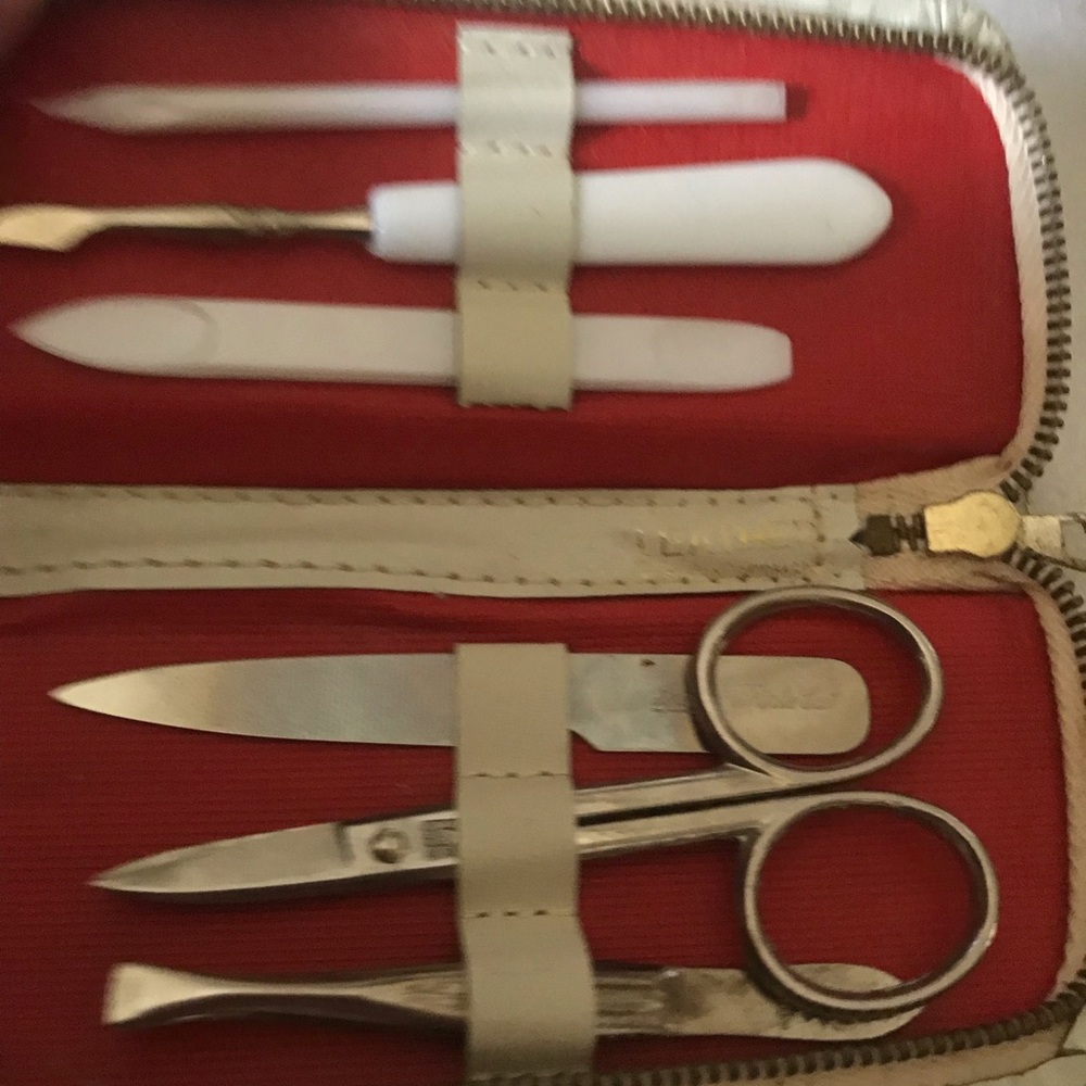 CompactGerman  Red Leather Manicure Set with Silver Tools